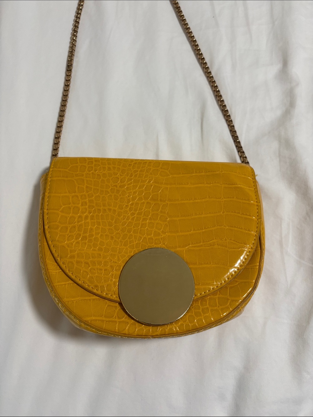 Mustard Yellow Croc-Embossed Chain Shoulder Bag